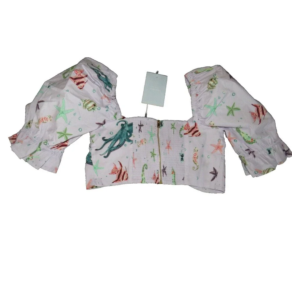Hill House Women's The Isabella Top Sea Creatures Tie Front Smocked Back Size M